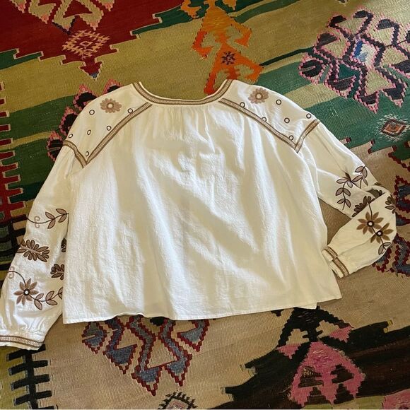 RD & Koko Anthropologie White/Brown Embroidered Peasant Jacket Sz-L - Picture 5 of 9